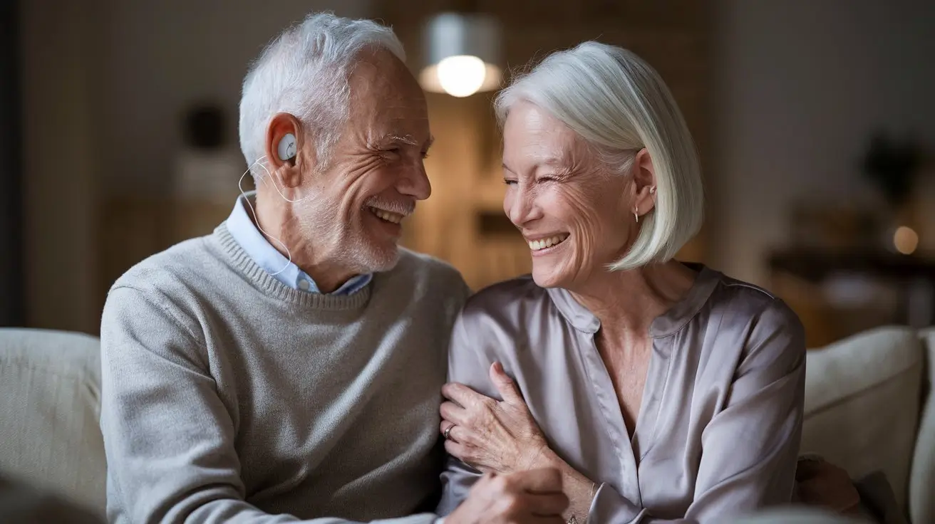 Elderly man and woman smiling while discussing hearing aid options with audiologist